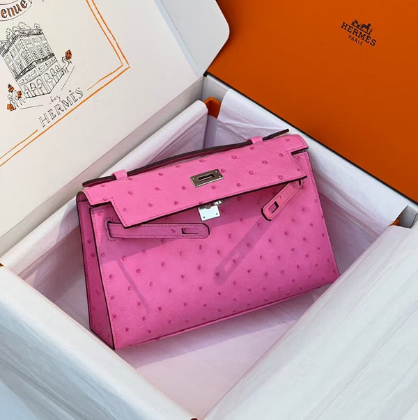 HM Kelly Pochette 20cm Bubblegum Pink Ostrich Leather Silver Hardware
