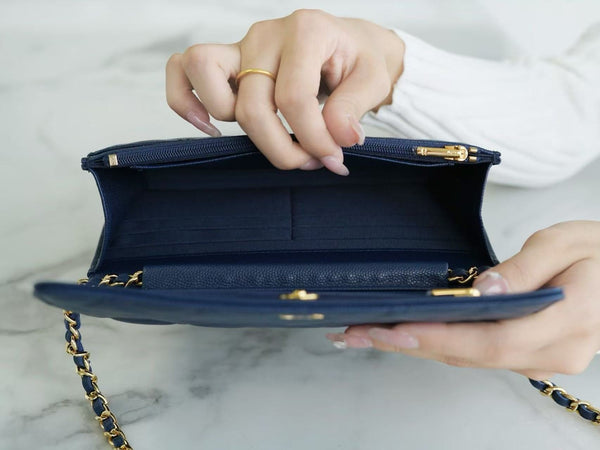 CC Wallet On Chain Woc Navy Blue Caviar leather Gold Hardware