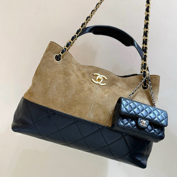 CC 25A Shopping And Bowling Hobo Bags 36cm Brown Suede Black Lambskin