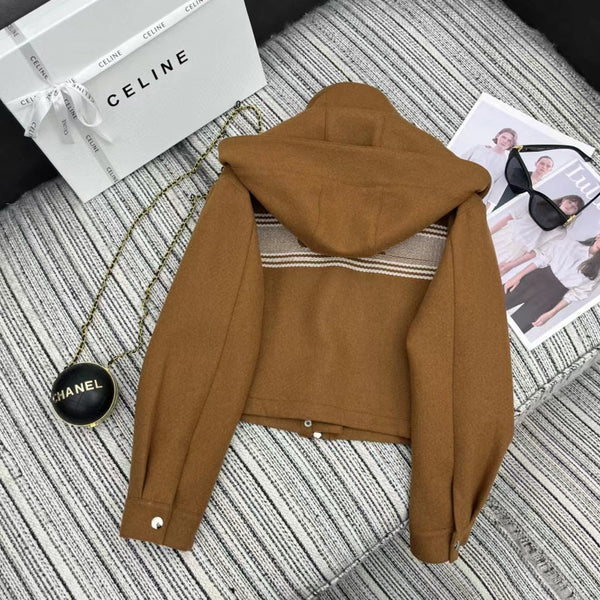 Triomphe Embroidered Hooded Jacket In Tan Cotton