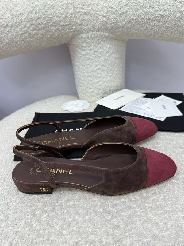 CC 25A Slingback Flat Chocolate Dark Red Suede