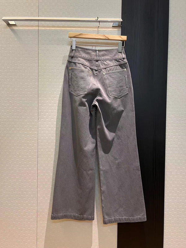 LV Flower Denim Wide Leg Pants Pink Grey