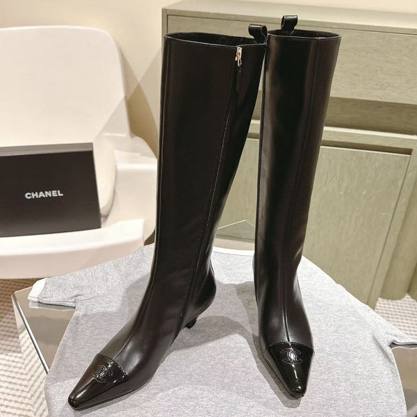 CC Knee-High Pointed Toe Chunky Heel Boots 50mm Black Sheepskin