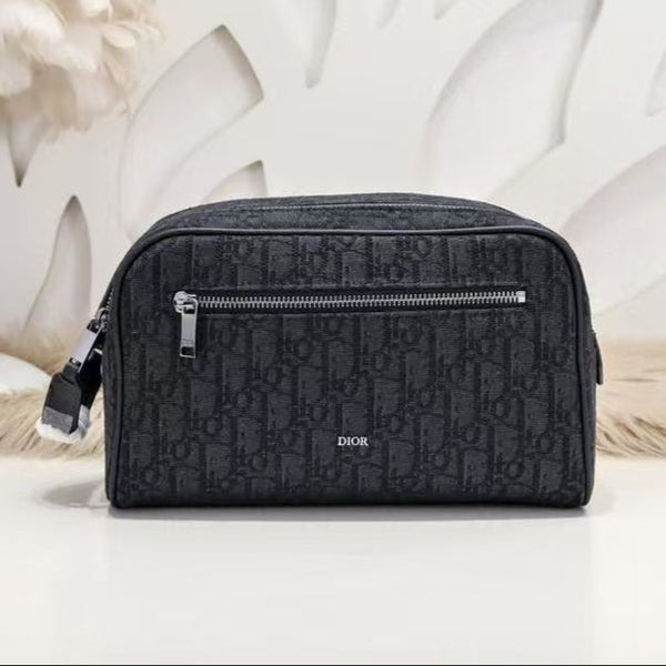 Toiletry Bag Black Dior Oblique Jacquard and Black Grained Calfskin
