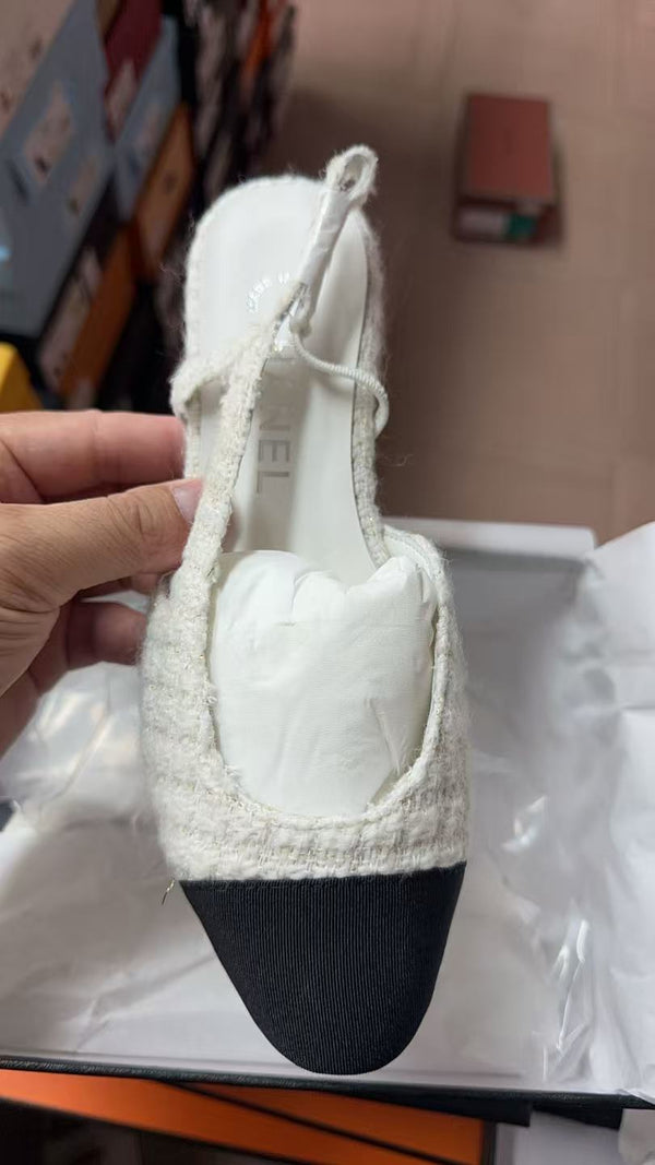 CC Cap Toe Flat Slingbacks White Black Tweed Fabric