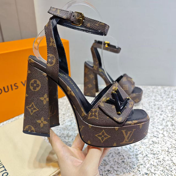 LV Shake Sandals 11cm High Block Heel Brown Monogram Leather