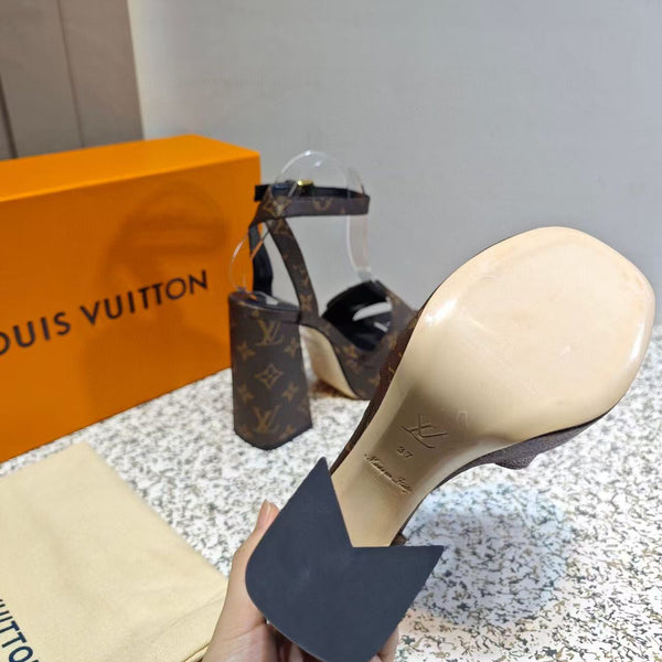 LV Shake Sandals 11cm High Block Heel Brown Monogram Leather