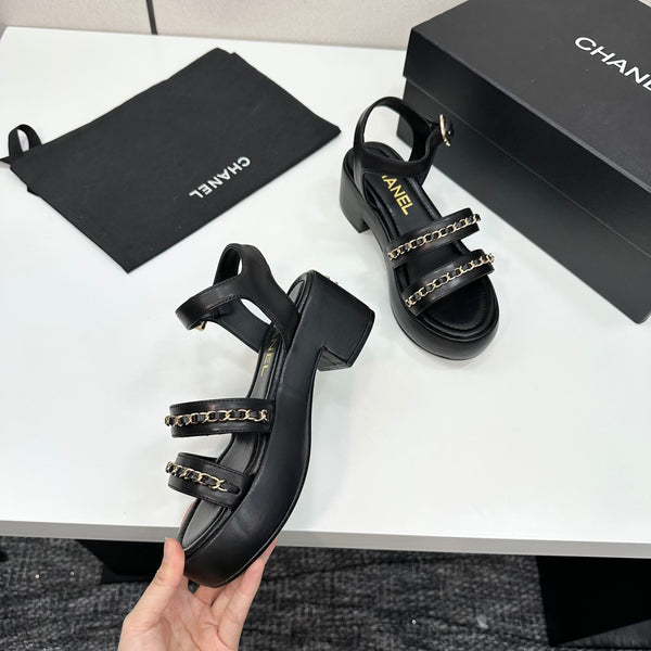 CC 25FW Platform Sandals 6cm Heel Black Calfskin