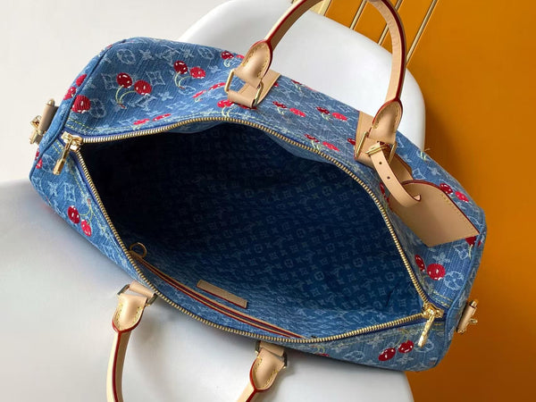 LV x TM Keepall Bandoulière 45cm Bag Blue Red Beige Denim Fabric Cowhide