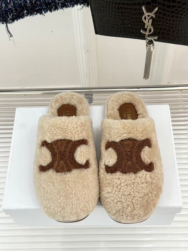 CL Elena Mule in Shearling 10mm Dark Beige Brown Wool