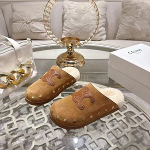 Celine 25 Rivet Birkenstock Slippers Brown Suede Shearling