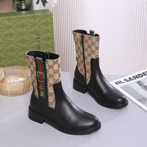 GG Boots Black and Beige Cowhide Canvas
