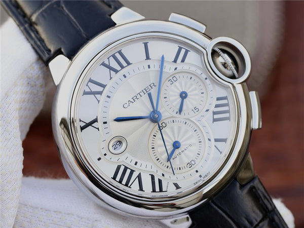 BALLON BLUE 42 CRONOGRAFO ACCIAIO QUADRANTE ARGENTO BRACCIALE IN PELLE 