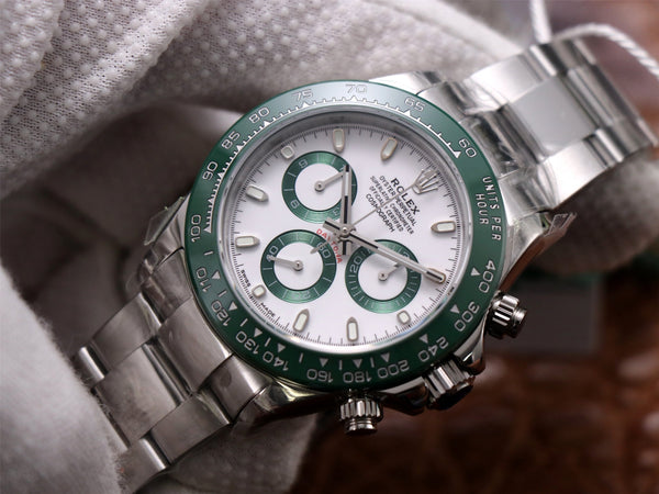 DAYTONA 40MM STEEL CASE GREEN BEZEL WHITE DIAL