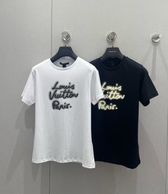 LV 25 Neck Short-Sleeved T-shirt Black White Cotton 213651