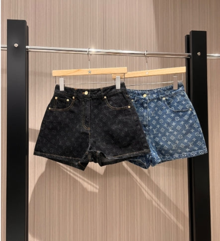 LV Flower Jacquard Denim Shorts Black Blue Cotton
