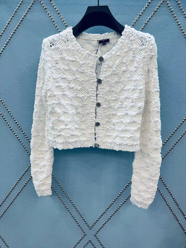 Chanel 25 White Knitted Viscose Fiber Coat