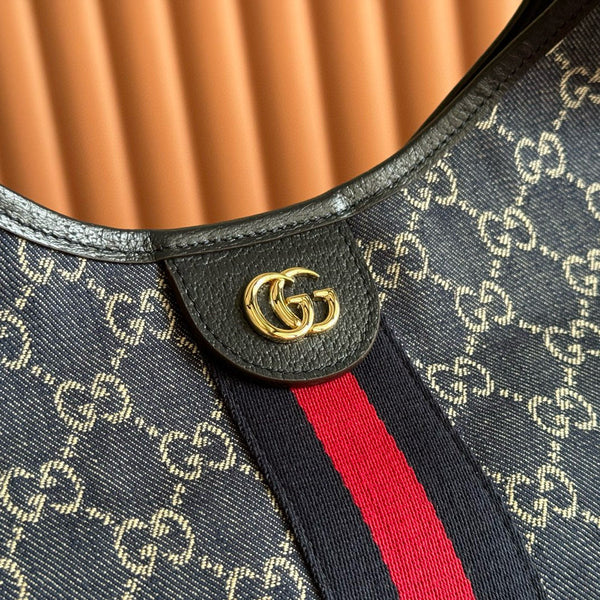 Borsa Gucci Giglio Large Tote in denim blu e rosso