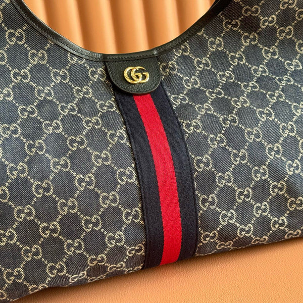 Borsa Gucci Giglio Large Tote in denim blu e rosso