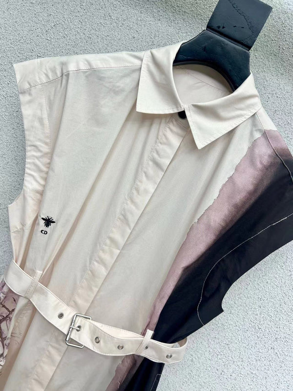 CD 25 Floral Dress With Belt Beige Cotton