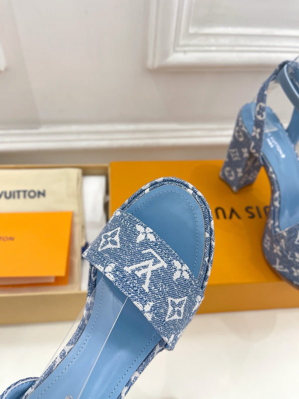 LV Blue Monogram Denim Strap Platform 110mm Sandals