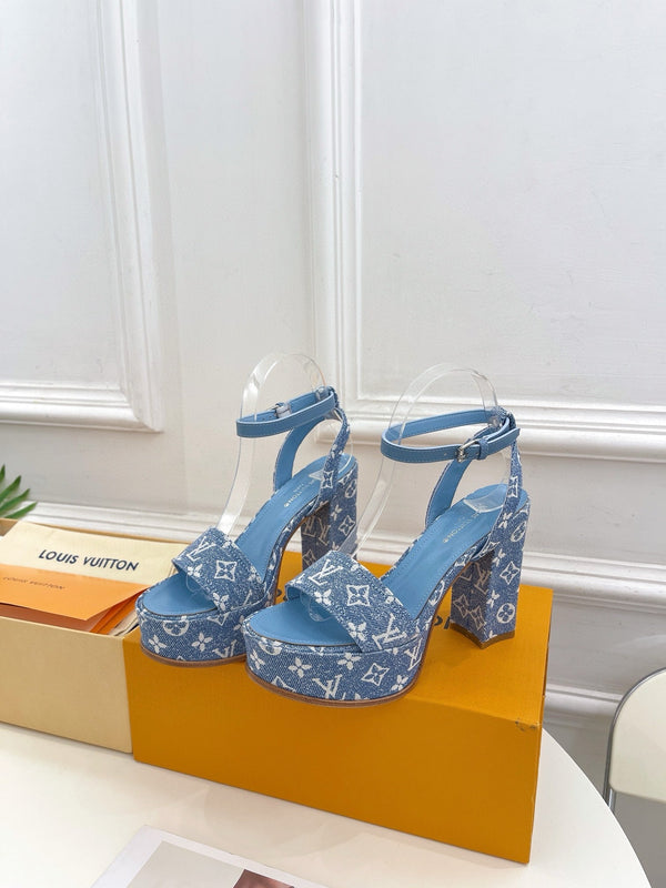 LV Blue Monogram Denim Strap Platform 110mm Sandals