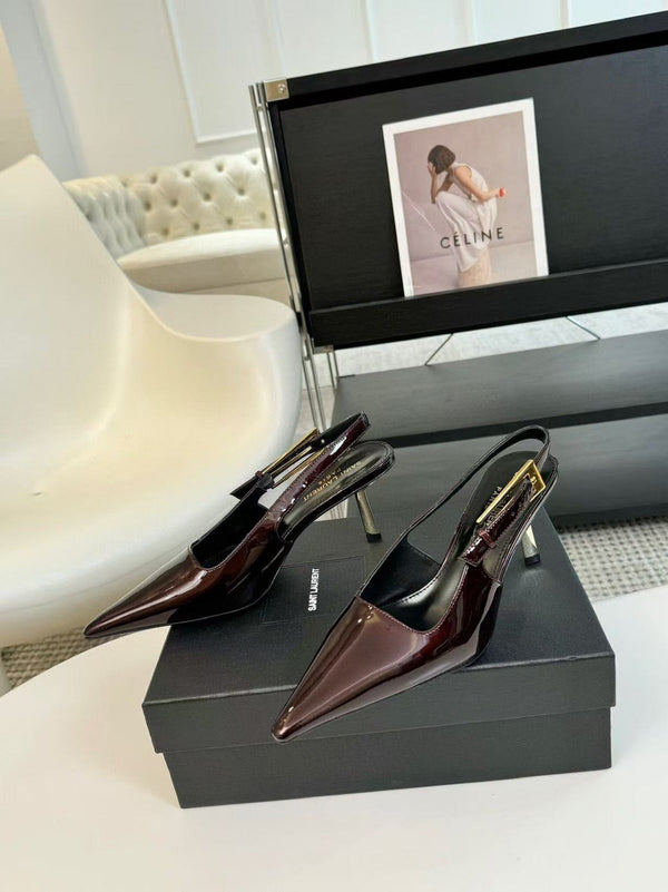 YSL Pointed Toe Slingback 75mm Burgundy Patent Calfskin