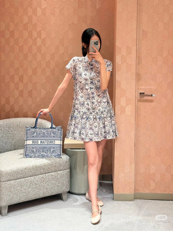 CD Short Dress White Cotton Muslin with Multicolor Motif