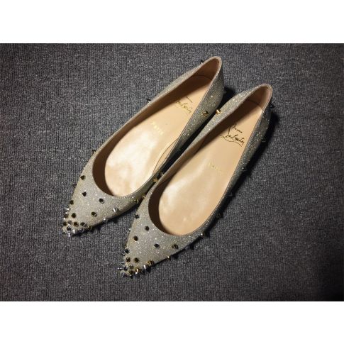 CL Degraspike Ballet Flats Glitter Fabric Silver