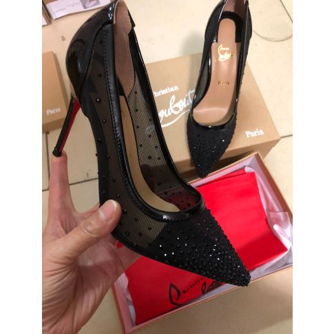 CL Follies Strass Pumps Mesh and Patent Leather Black