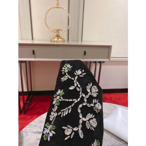 CL Morgan Fleur Knee High Boots Velvet with Crystals Black