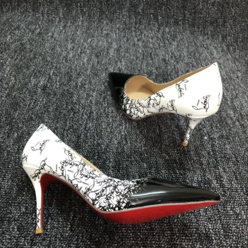 CL Pigalle Follies Pumps Patent Leather Degraloubi Printed Black White