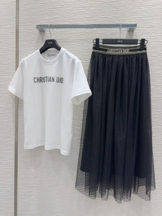 CD 2025 Set T-shirt with Mesh skirt Black White Polyester Cotton
