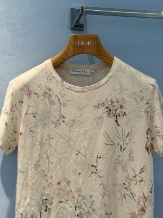 CD 25 Ink And Floral short Sleeves T-shirt Beige Cotton Linen