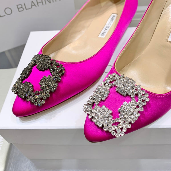 Manolo Diamond Buckle Pumps Dark Pink Silk 327502
