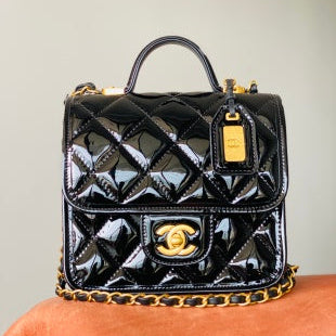 CC 2025 Medium Flap Bag Black Patent Calfskin