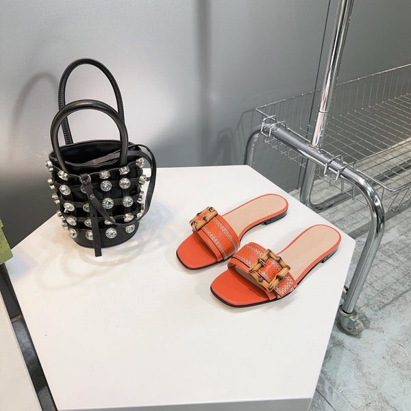 GG BAMBOO BUCKLE FLAT SANDALS ORANGE