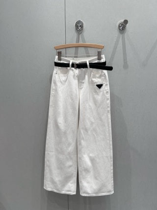 Pantaloni in denim dritti a triangolo Prada 25 con cintura in cotone 210377