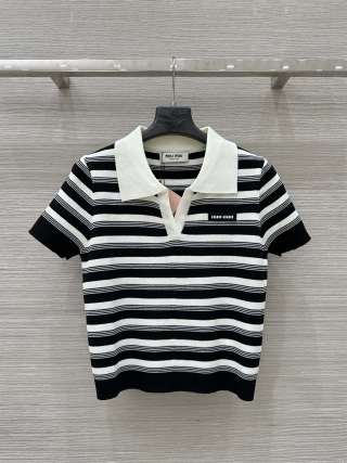 Miu Miu 25 Striped Polo Collar Short-sleeved Top Wool