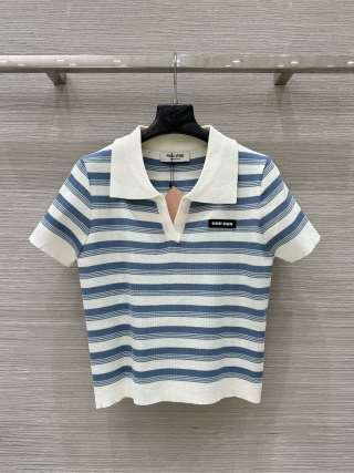 Miu Miu 25 Striped Polo Collar Short-sleeved Top Wool