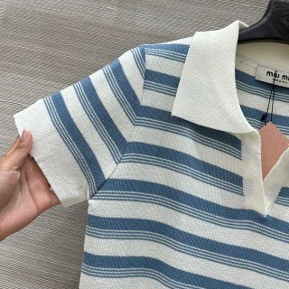 Miu Miu 25 Striped Polo Collar Short-sleeved Top Wool