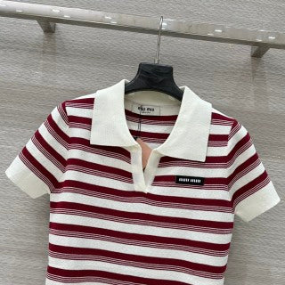 Miu Miu 25 Striped Polo Collar Short-sleeved Top Wool