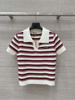 Miu Miu 25 Striped Polo Collar Short-sleeved Top Wool