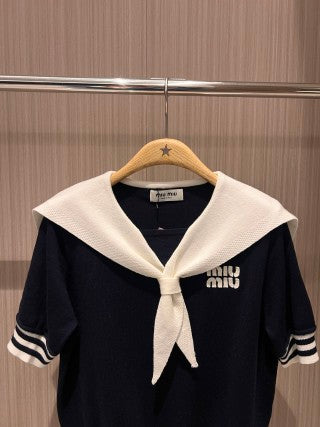 Miu Miu Collar Knotted Short-sleeved Knitted Top Wool tencel
