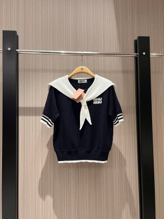 Miu Miu Collar Knotted Short-sleeved Knitted Top Wool tencel