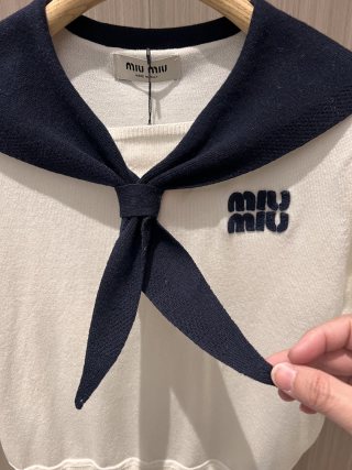 Miu Miu Collar Knotted Short-sleeved Knitted Top Wool tencel