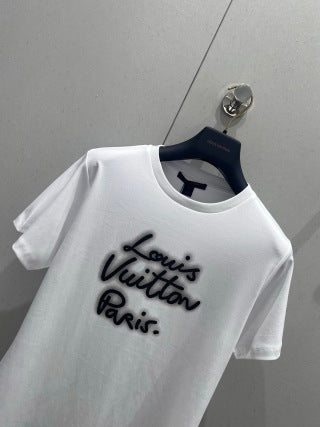 LV 25 Neck Short-Sleeved T-shirt Black White Cotton 213651
