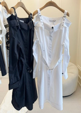CD 25 Off-shoulder Shirt Dress Black White Cotton