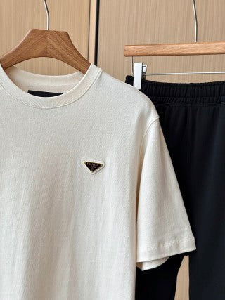 Prada Triangle Logo Round Neck T-shirt Beige Cotton