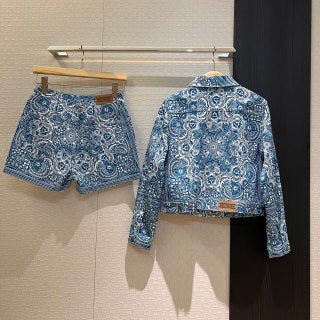 CD Butterfly Print Denim Set Blue White Cotton